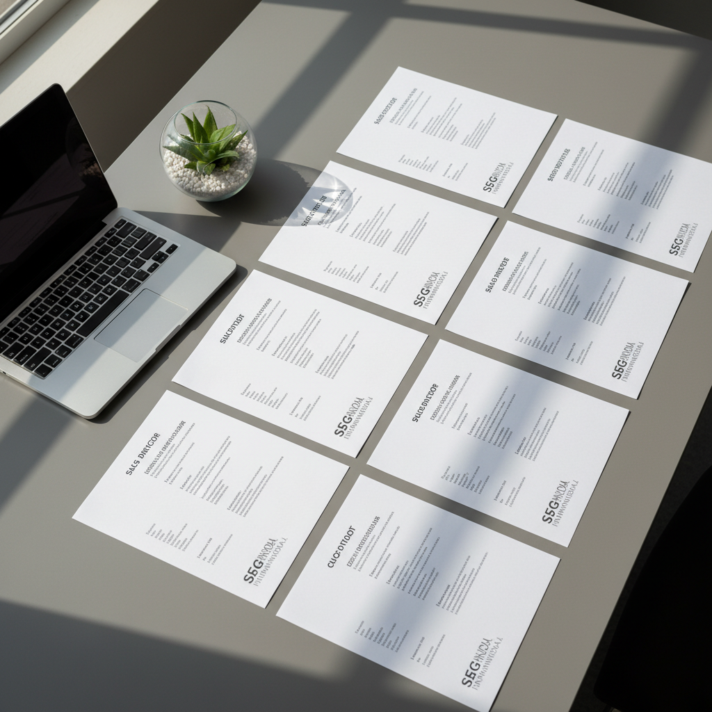 A meticulously arranged spread of printed software sales resumes and role profiles laid out on a smooth slate-grey table, each page featuring clean typography, structured bullet points, and discreet SFG INTERNATIONAL branding. Beside the documents sits a slim silver laptop partly closed, and a small glass terrarium with a single green plant, adding a touch of life to the professional setting. Natural daylight pours in from an unseen window, casting crisp, diagonal shadows across the paperwork and creating a pleasing contrast between white paper and dark surface. Photographic realism, shot from a top-down, bird’s-eye perspective with sharp focus throughout the frame. The mood is organized, methodical, and detail-oriented, emphasizing a thorough, client-focused approach to software sales recruitment.
