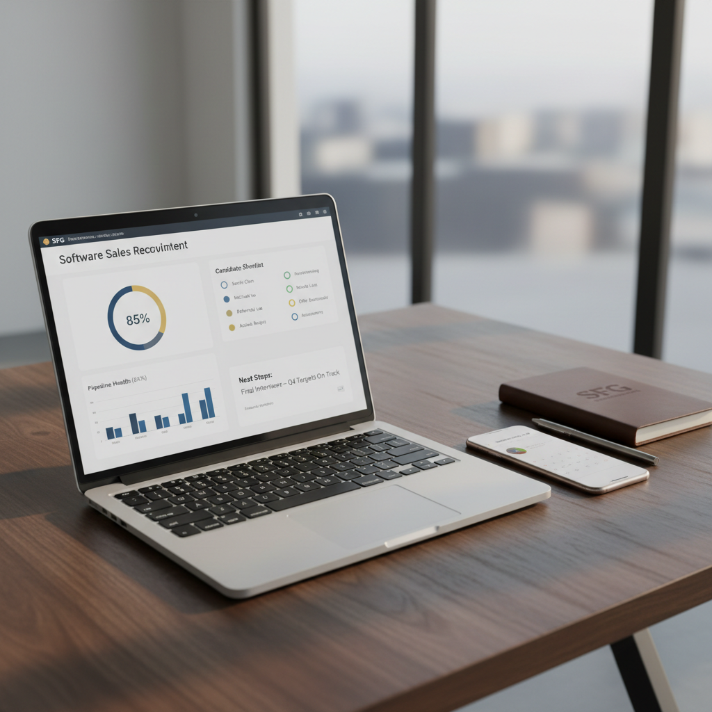 An elegant, open laptop on a dark walnut desk, its high-resolution screen displaying a sophisticated software sales recruitment dashboard with clear charts, candidate shortlists, and status indicators in SFG INTERNATIONAL branding colors. Next to it, a closed leather-bound notebook and a slim metal pen rest in precise alignment, with a smartphone showing a minimalist calendar interface. Soft, diffused afternoon light filters across the scene from the left, adding subtle highlights on the brushed metal surfaces and creating gentle shadows. Shot in photographic realism from a slightly elevated angle, with a clean, modern background fading into soft blur. The mood is calm, efficient, and highly professional, conveying trust, transparency, and satisfaction with the recruitment process.